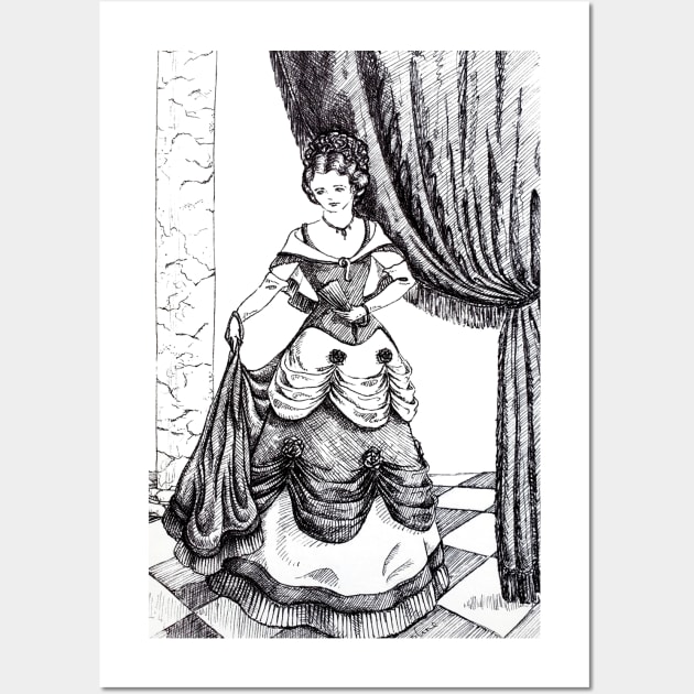 Ink drawing - vintage lady in ballroom Wall Art by LadyCaro1